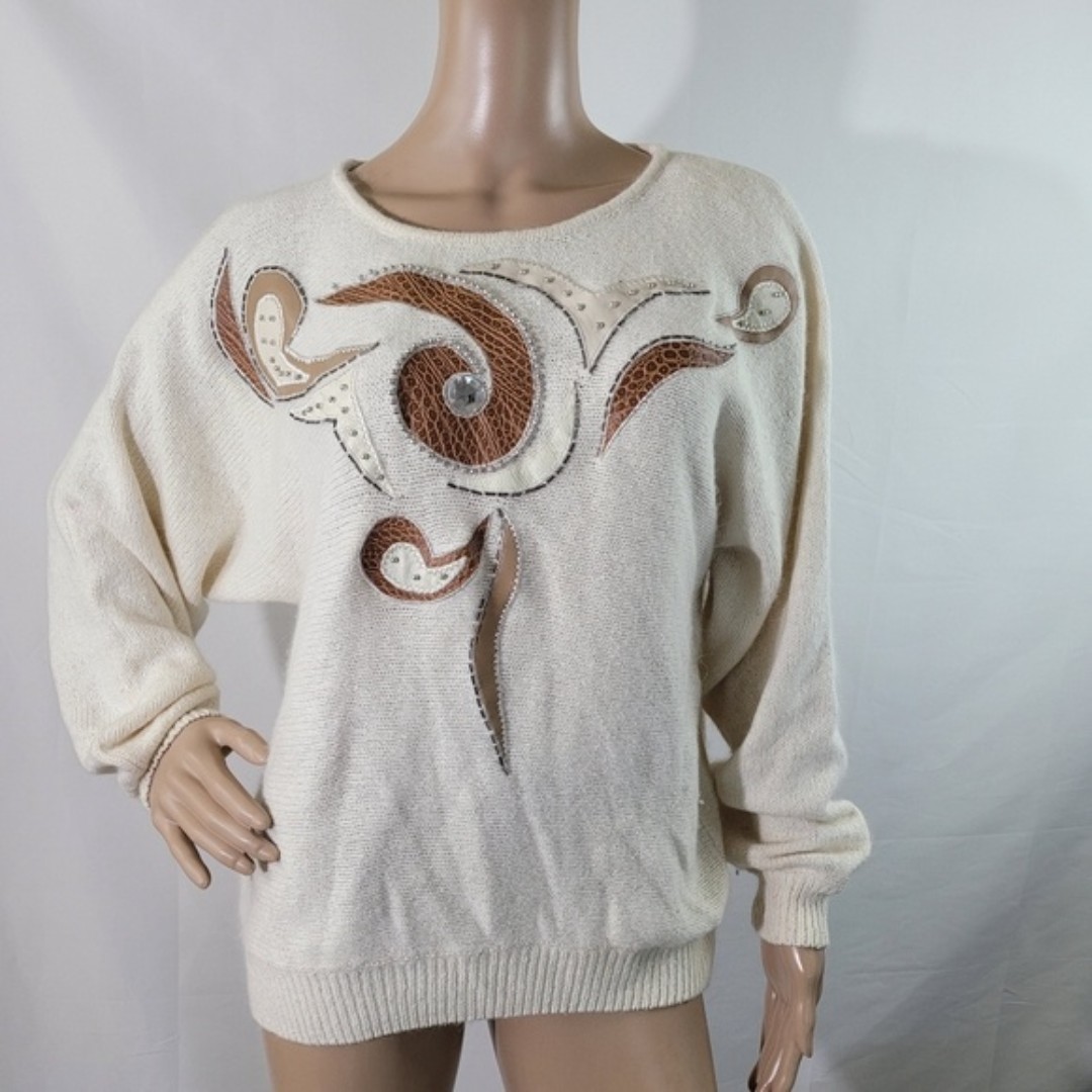 VTG Ivory Silk Angora Wool Blend Crewneck Western Chunky Cable Knit Sweater Sz M