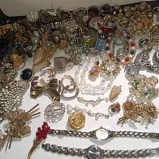 Huge Glass Antique Ball Jar FULL of Antique Vintage Jewelry & Old Coins lot