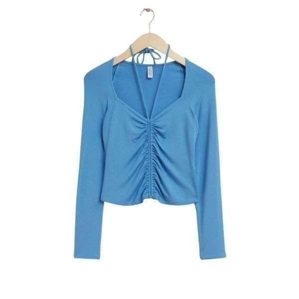& Other Stories ruched fitted drawstring neck gatherd long sleeve blue top Large