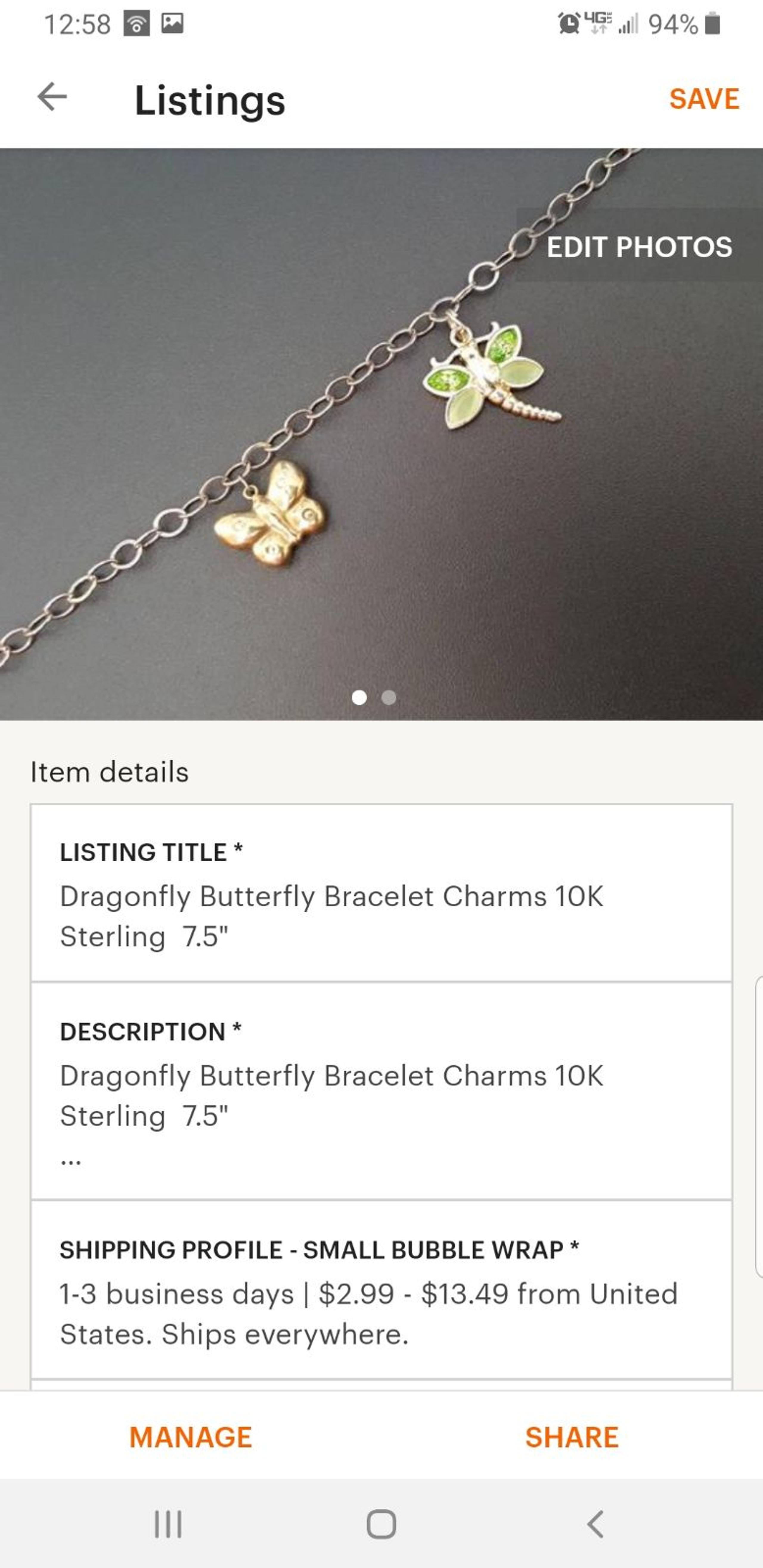 Dragonfly Butterfly Bracelet Charms 10K