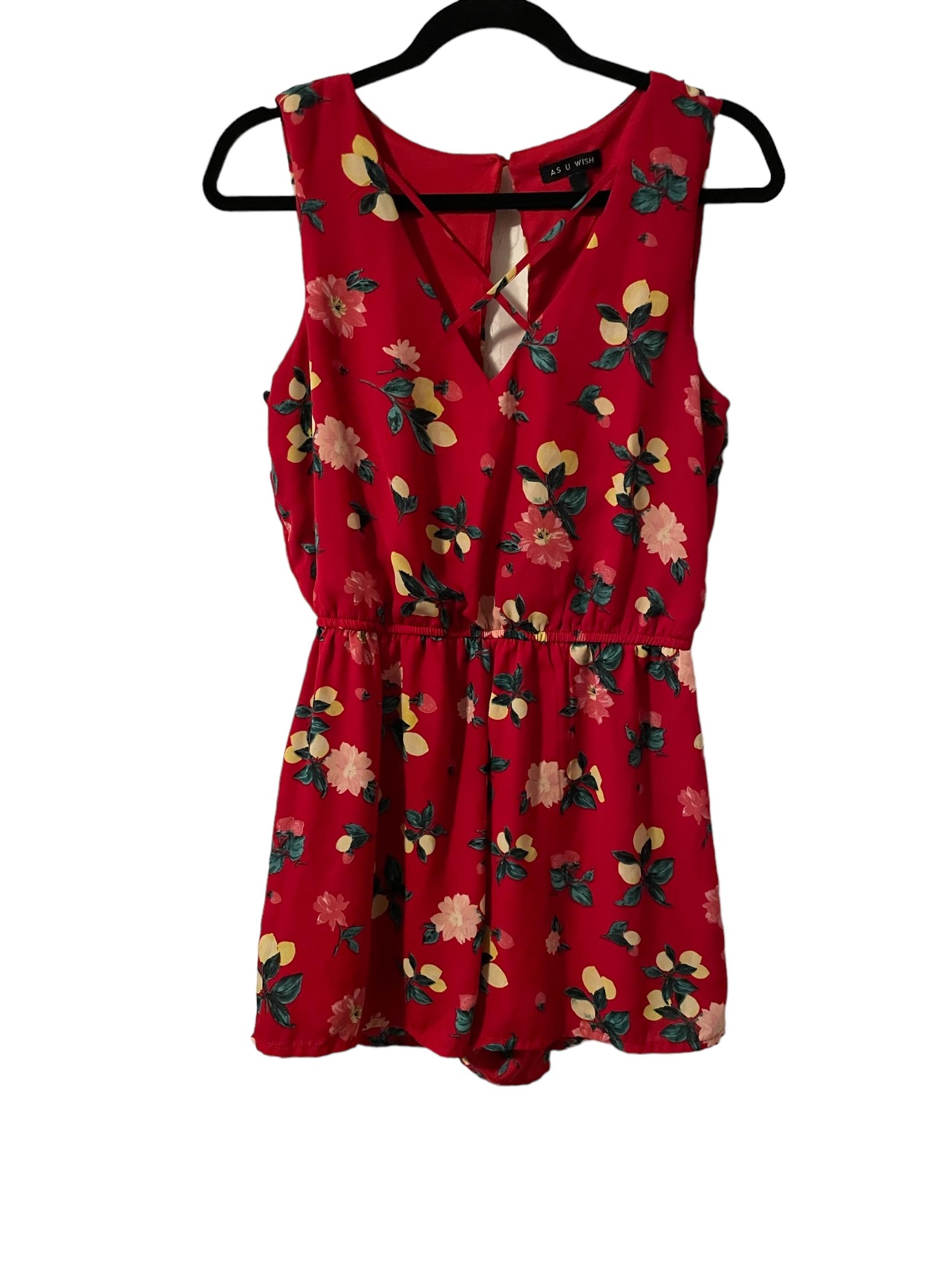 As U Wish Womens Red Floral Sleeveless Romper Keyhole Back Sz M