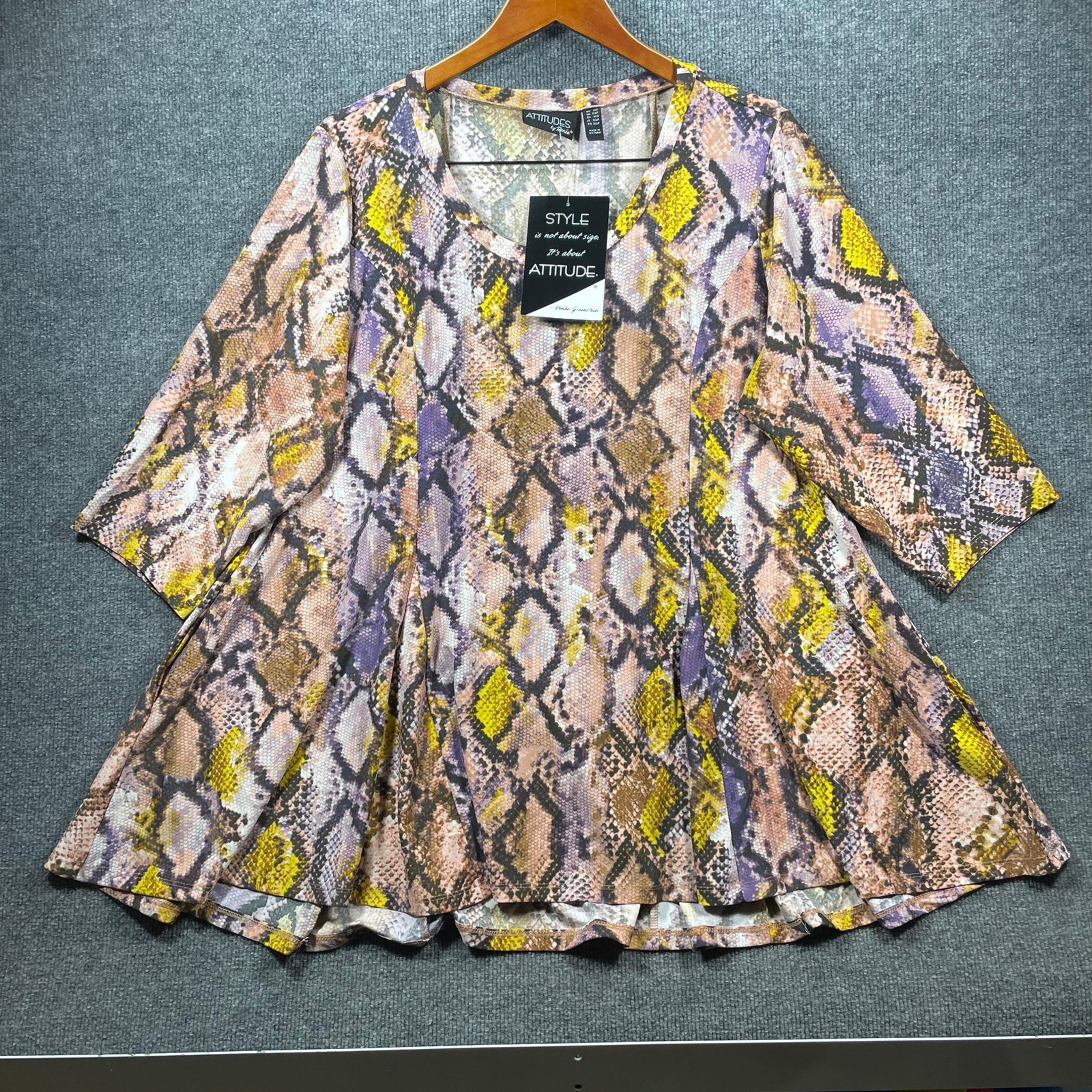 Attitudes by Renee Tunic Top Women's 2XP Pink/Yellow Geometric Allover Flowy