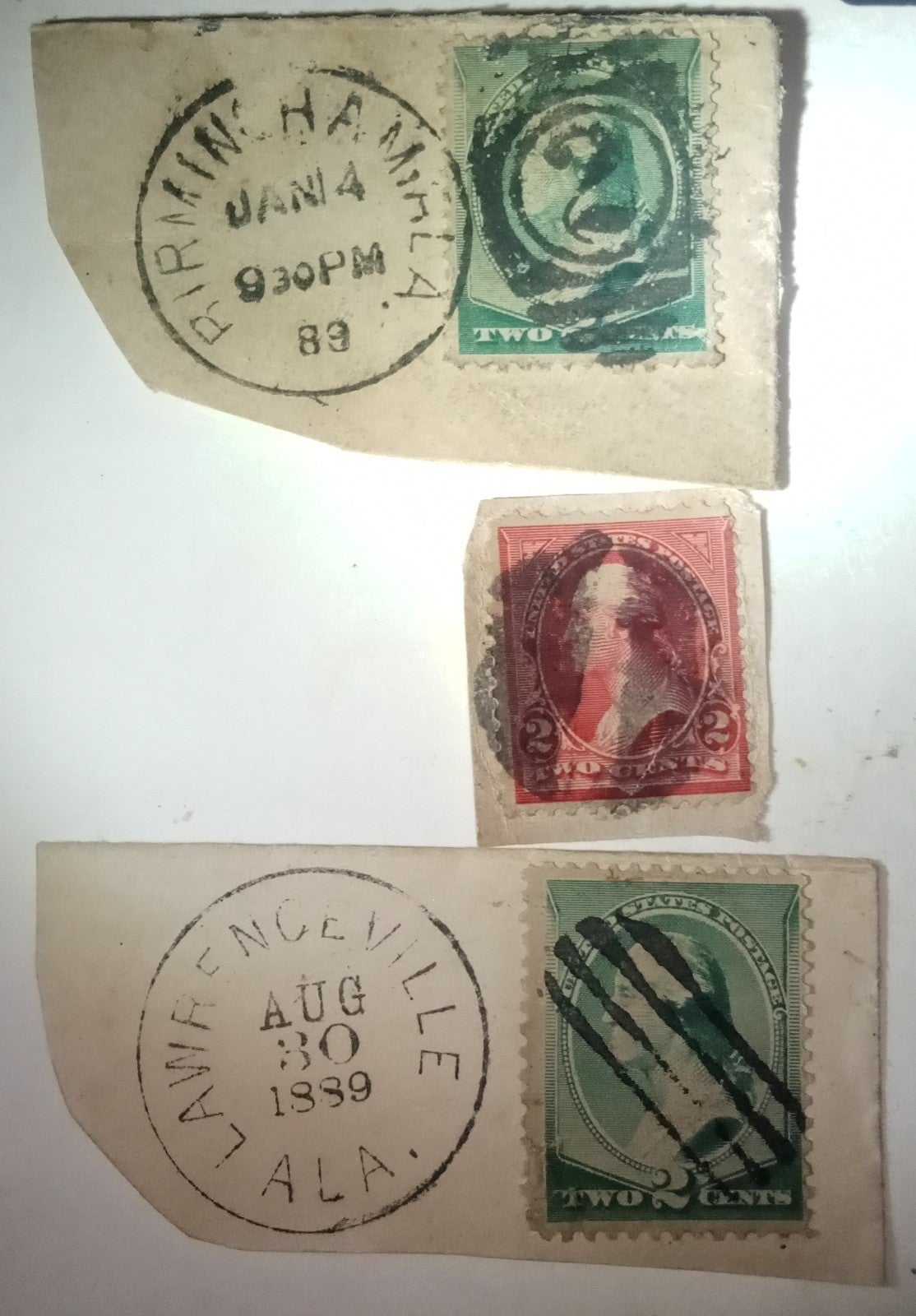 3-VERY OLD GEORGE WASHINGTON 2 CENT POSTAGE STAMPS