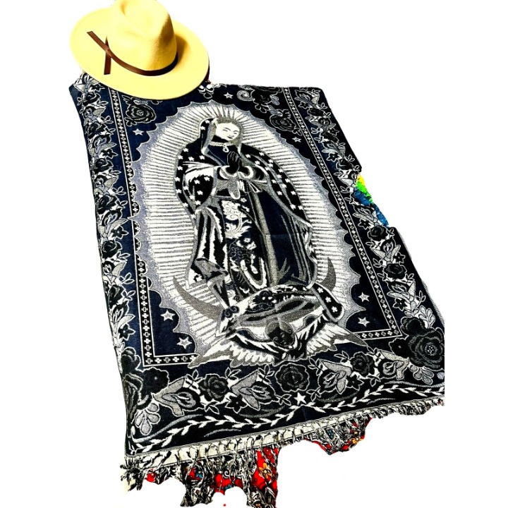 Mexican Rebozo Virgen de Guadalupe Shawl Rug Blanket Pareo Wrap Sweater