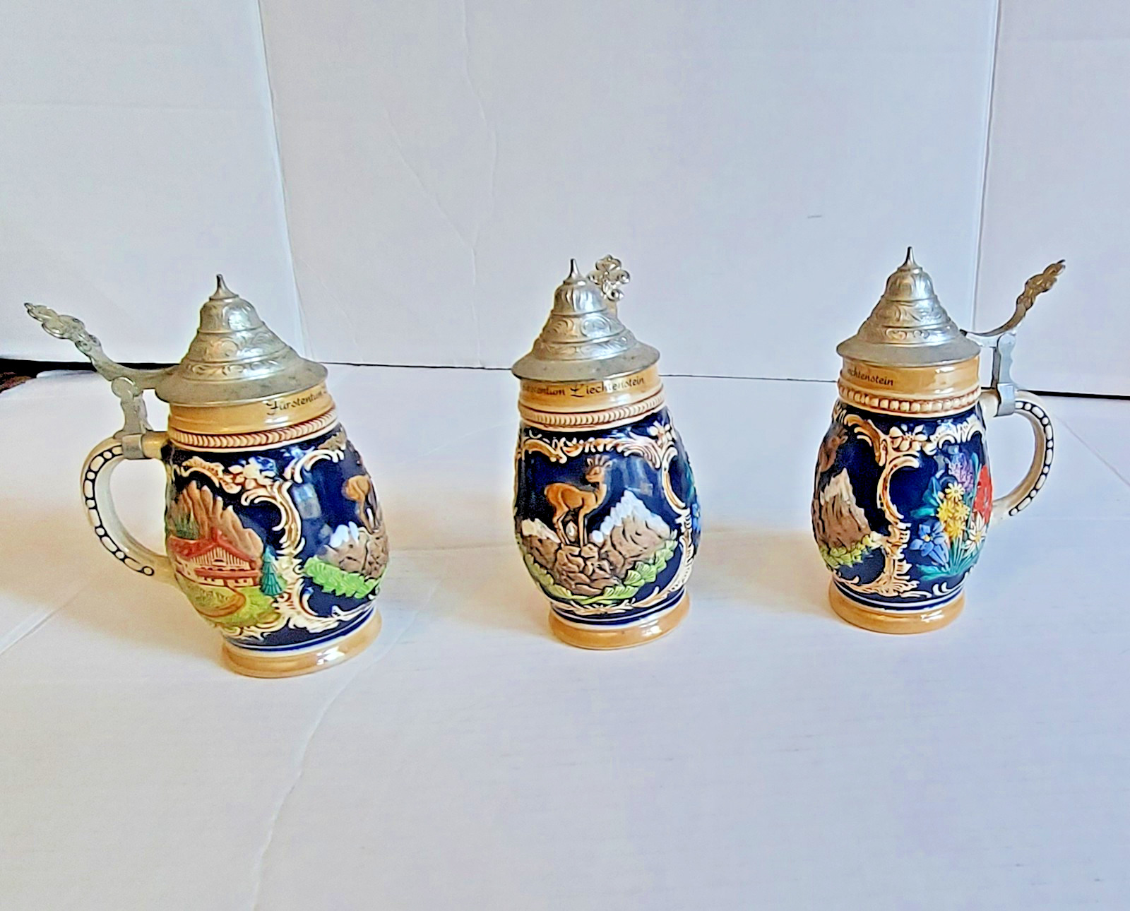 3 German Beer Steins - Pewter Lid - Furstentum Liechtensten - 5 - Marked 3105