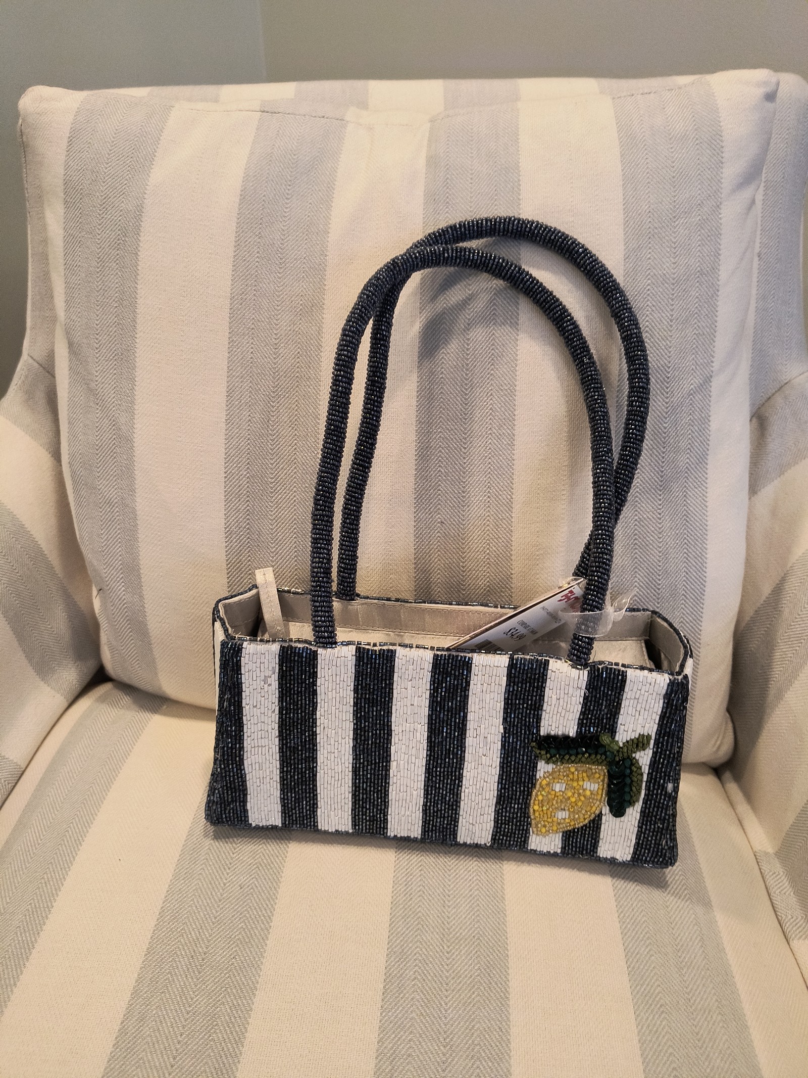 Beaded Navy Stripe with Lemon Handbag