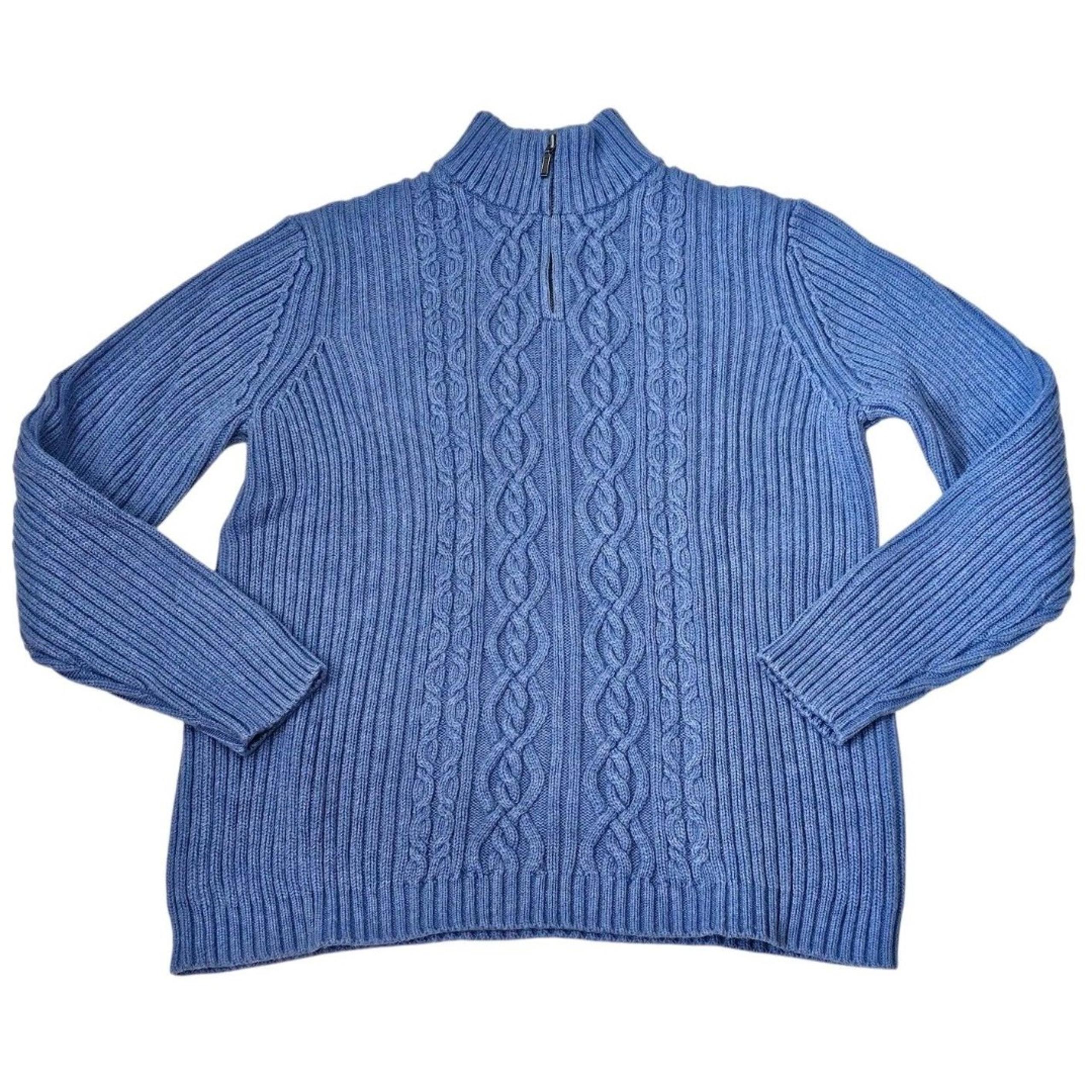 Vintage Lands' End Cable Knit Sweater Womens M 10-12 Blue 1/4 Zip Mock Neck