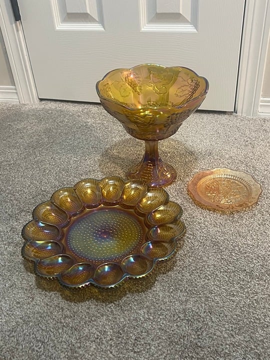 Vintage Iridescent Carnival Glass Candy Dish Bowl + 15 Egg Tray Platter