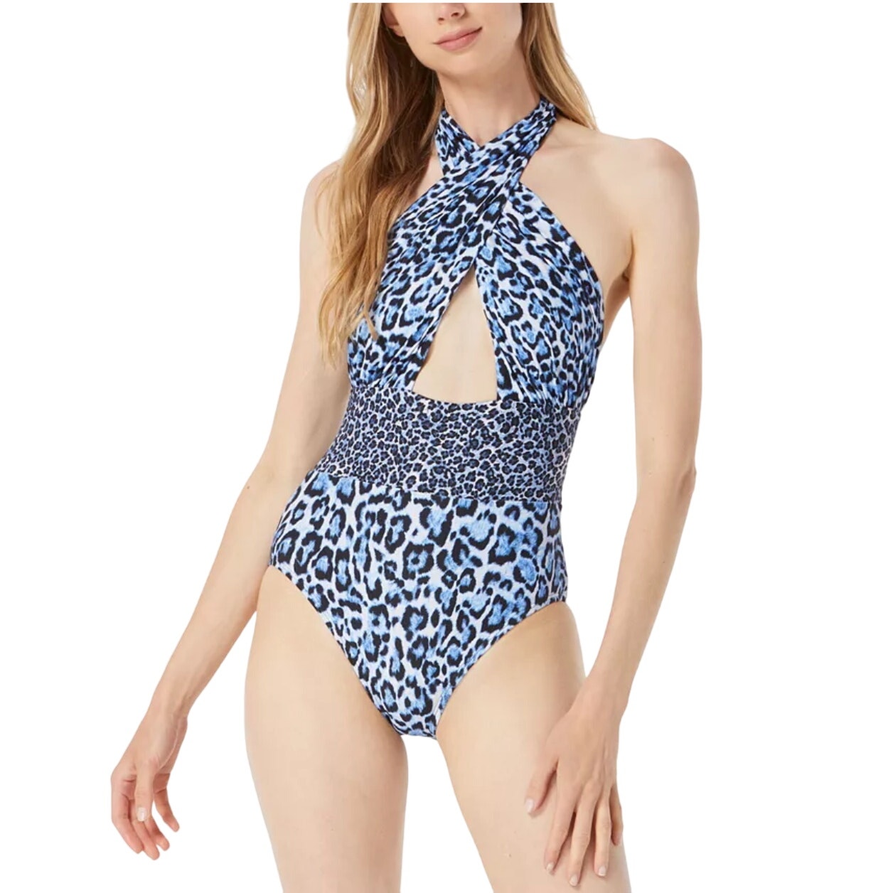 MICHAEL KORS Printed Cross-Front Cut-Out One Piece Halter Swimsuit Size 4 NWT