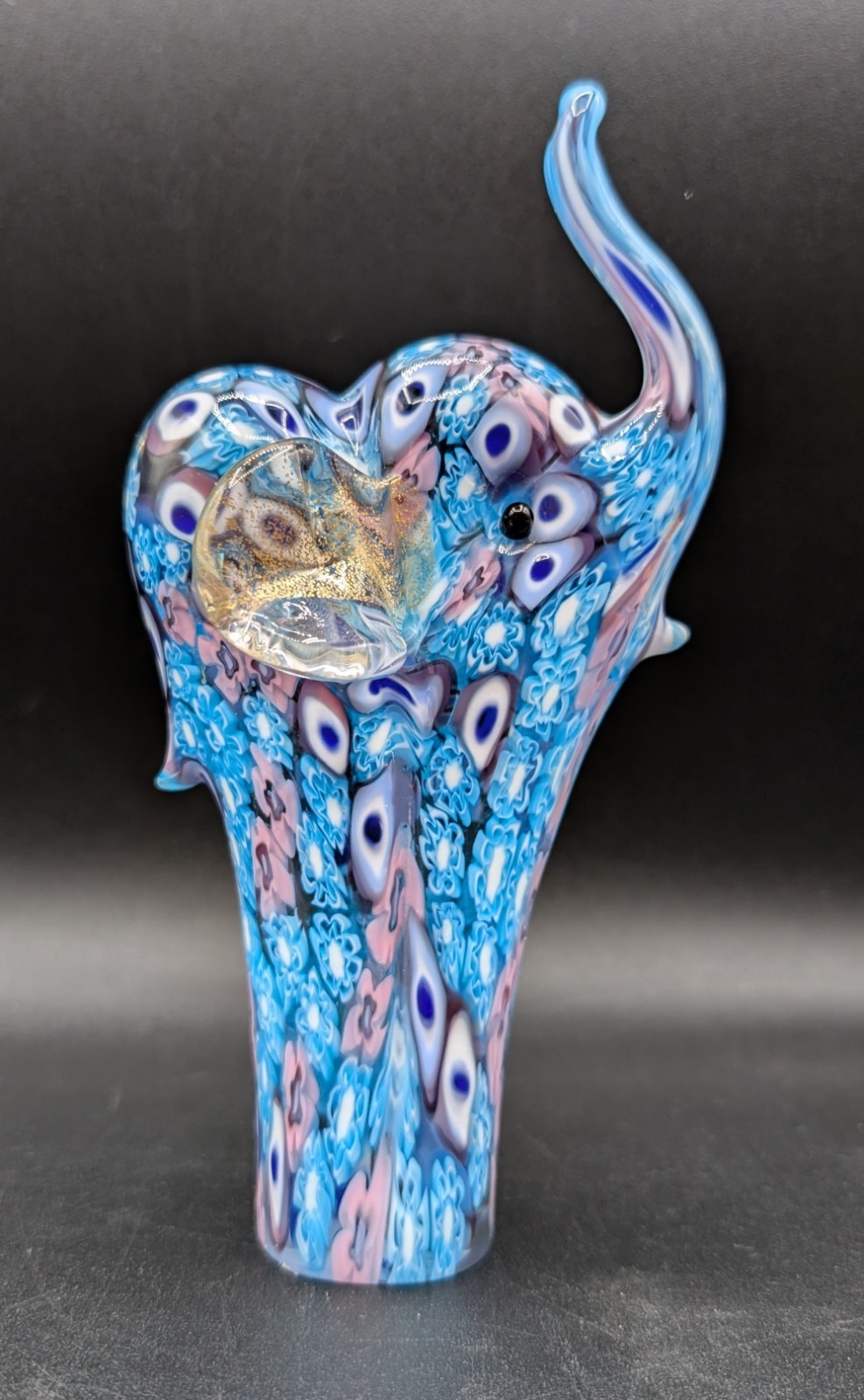 Murano Blue Pink Millefiori Lucky Elephant Paperweight Figurine, Trunk Up