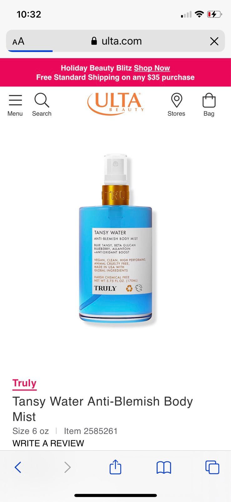 Ulta truly - tansy water perfect body mist anti acne body mist skincare product
