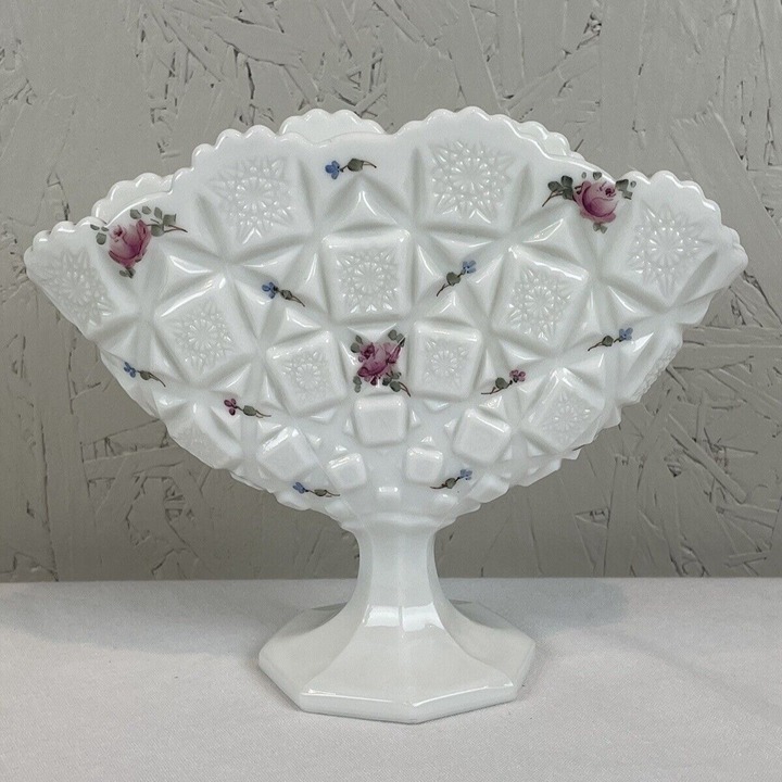 Vintage Westmoreland Milk Glass Flat Fan Shaped White Vase with Pink Flowers