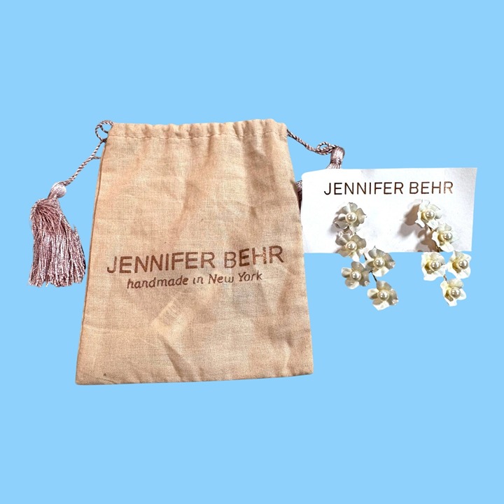 Jennifer Behr Floral Pearl Drop Earrings Enamel Dogwood Flowers Gold Tone Spring