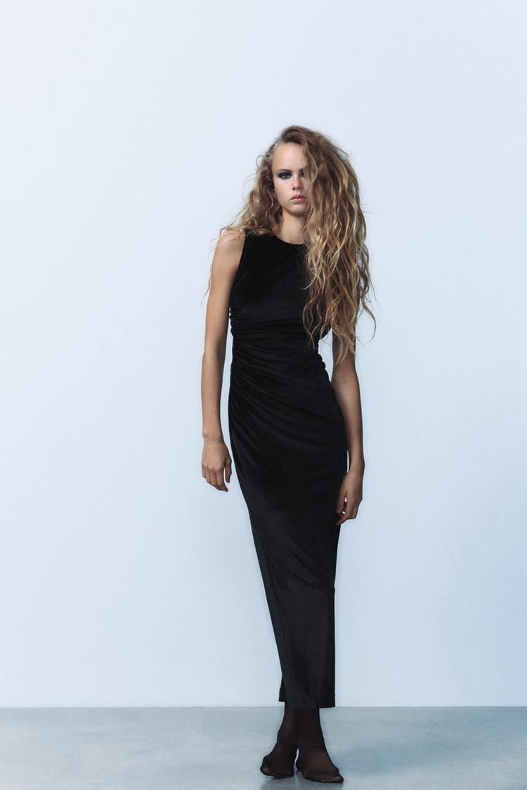 ZARA NWT DRAPED VELVET MIDI DRESS SIZE LARGE