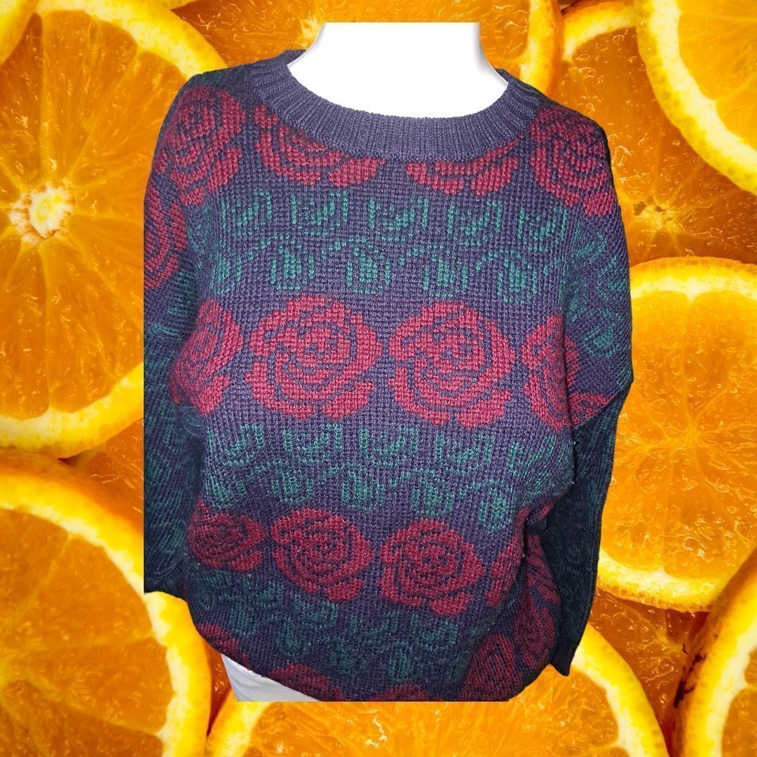 Charter Club 100% Wool Rose and Blue Crew Neck Sweater Size Large