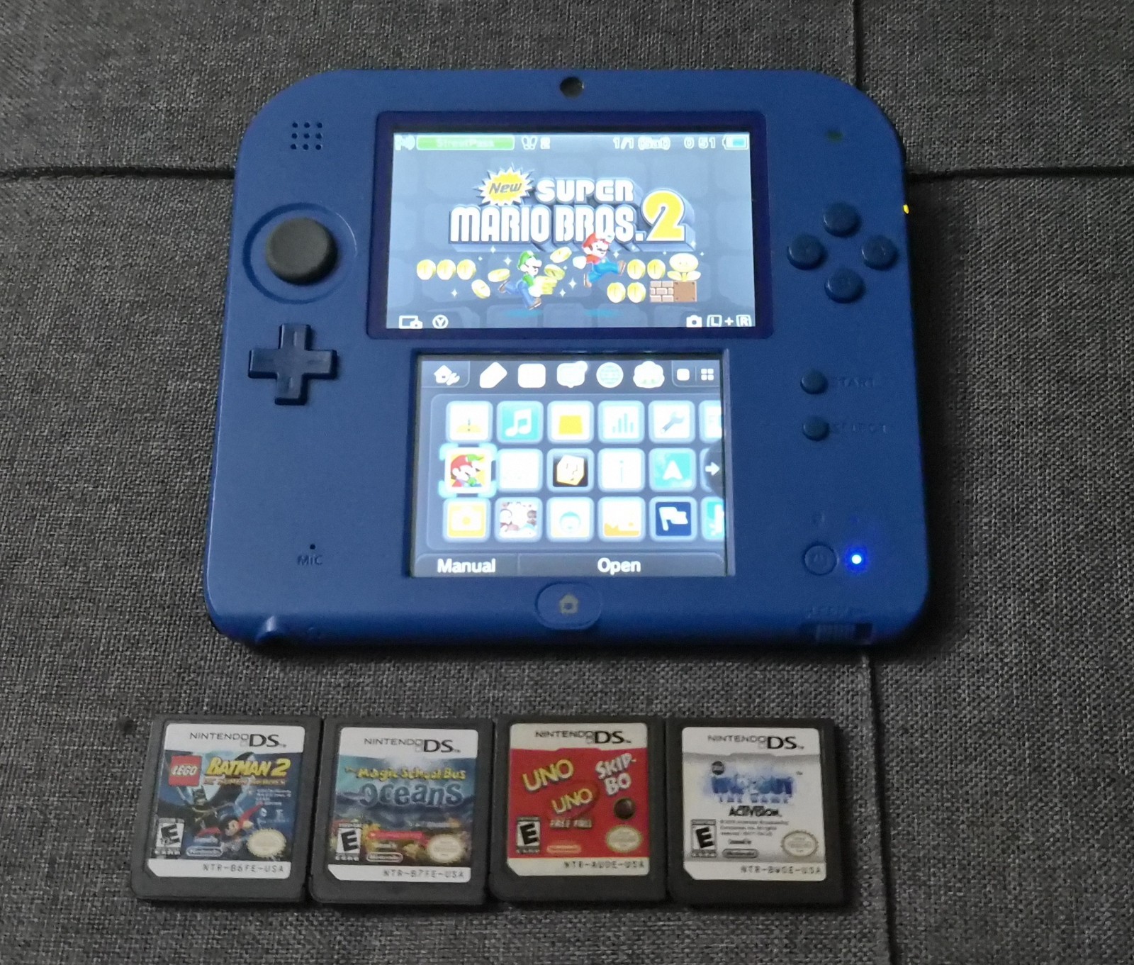 Nintendo Blue 2DS Console 64gb Bundle five Games Charger Stylus