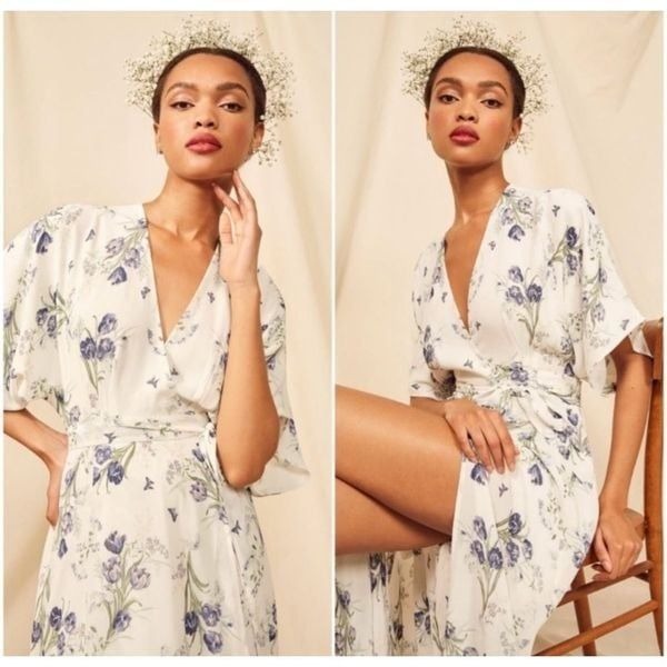 Reformation Winslow Chiffon Maxi Wrap Dress Macadamia XS White Blue Floral Tulip