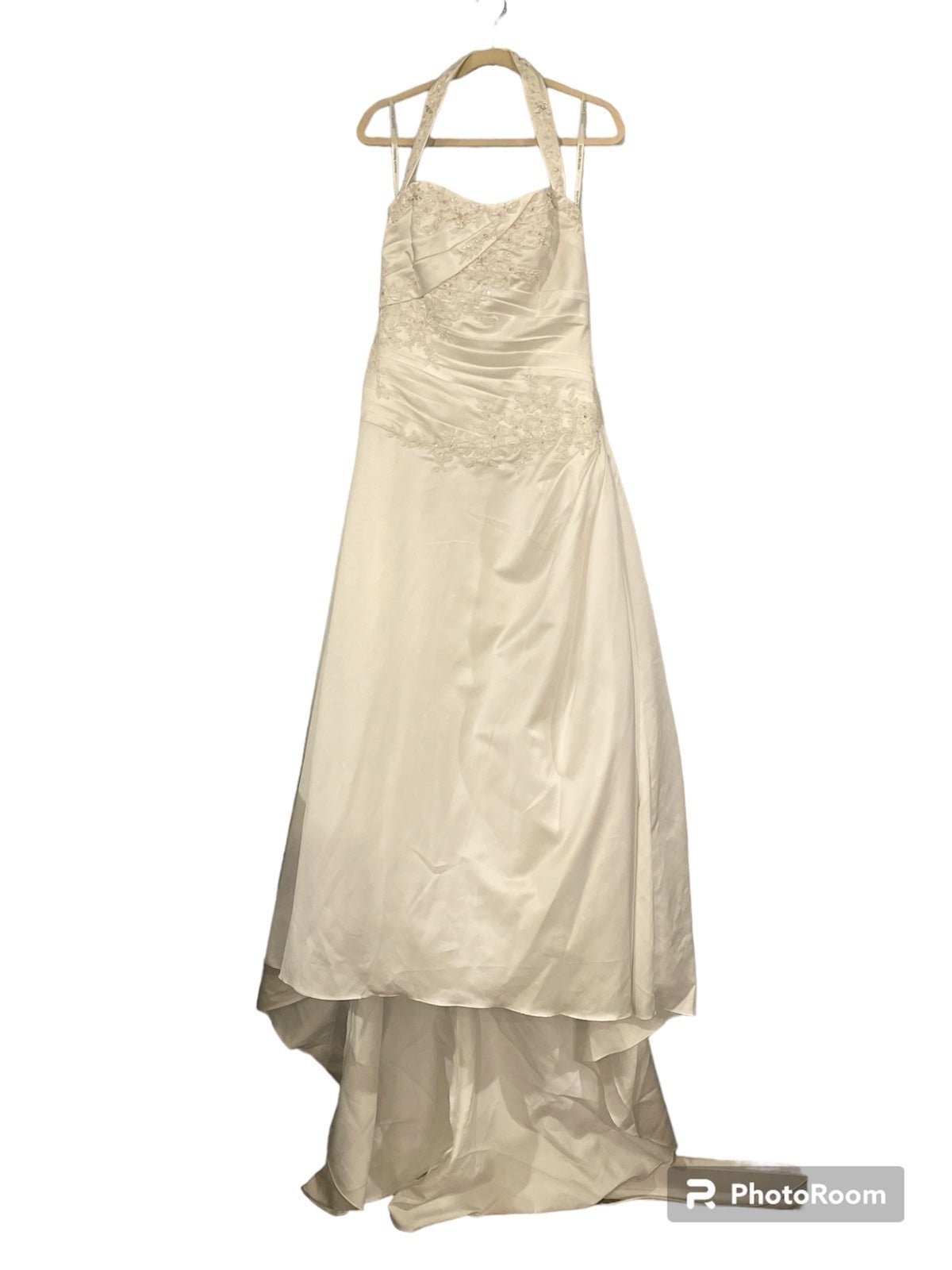 Satin A-line Halter Gown with Beaded Lace Applique - Wedding Dress - Size 14
