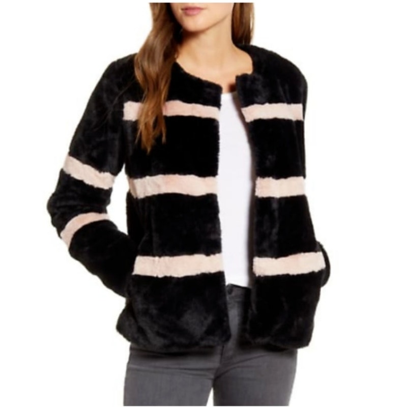 Rachel Parcell Black Pink Stripe Faux Fur Teddy Jacket Coat Black Pink Medium