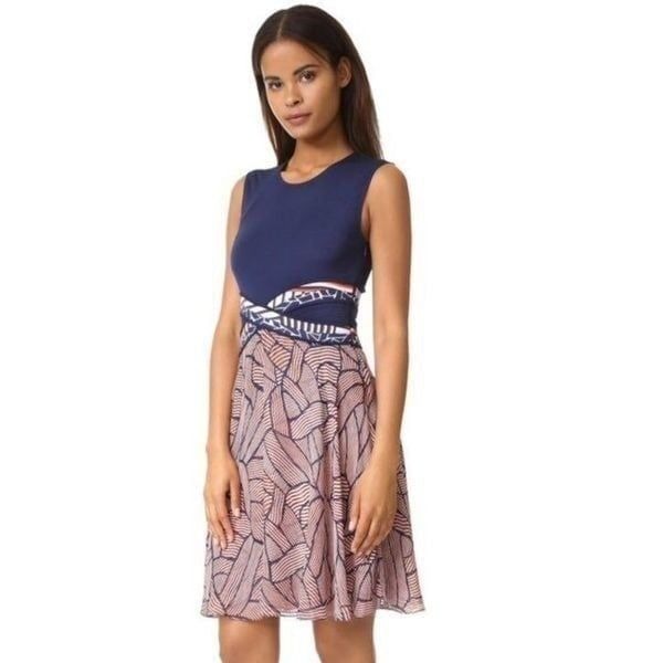 DIANE VON FURSTENBERG | Rosalie Mixed Media Fit & Flare Dress Blue Women’s 12