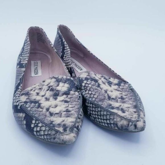 Feather Loafer Flat Shoes Gray Snakeskin Pointed