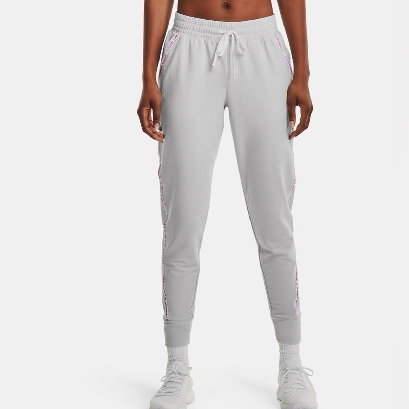 Under Armour Women's Rival Terry Taped Pants GREY/PINK Size XL Gray Jogger