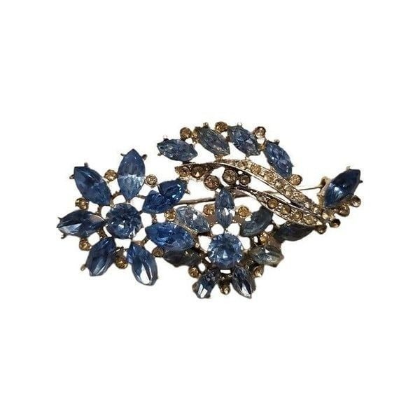 Blue Topaz Floral Bouquet Flowers Rhinestone Vintage Brooch 2.25” Estate Find