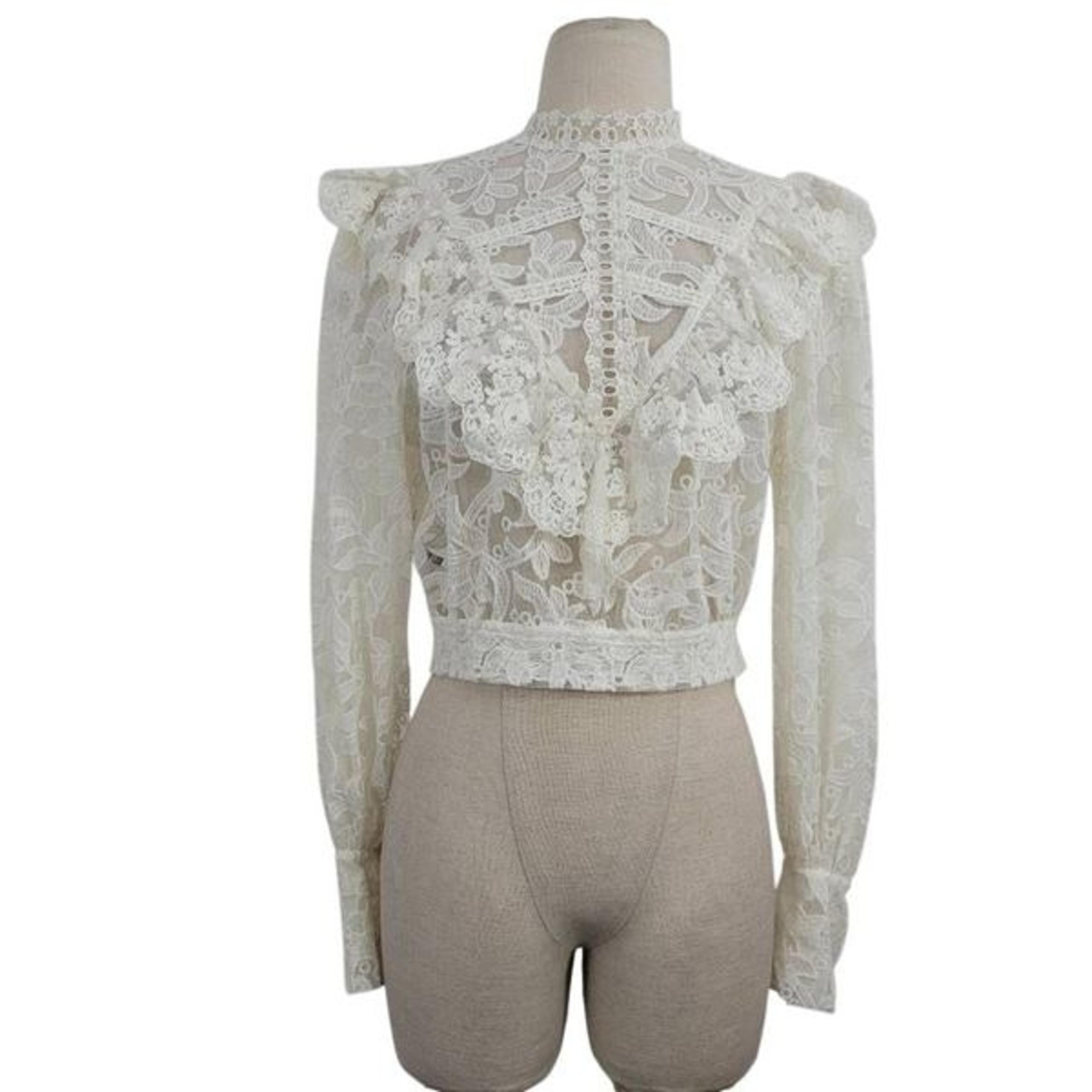 The Kooples Ivory Sheer Lace Ruffle Blouse Top Sz 3/L Victorian Feminine Dainty