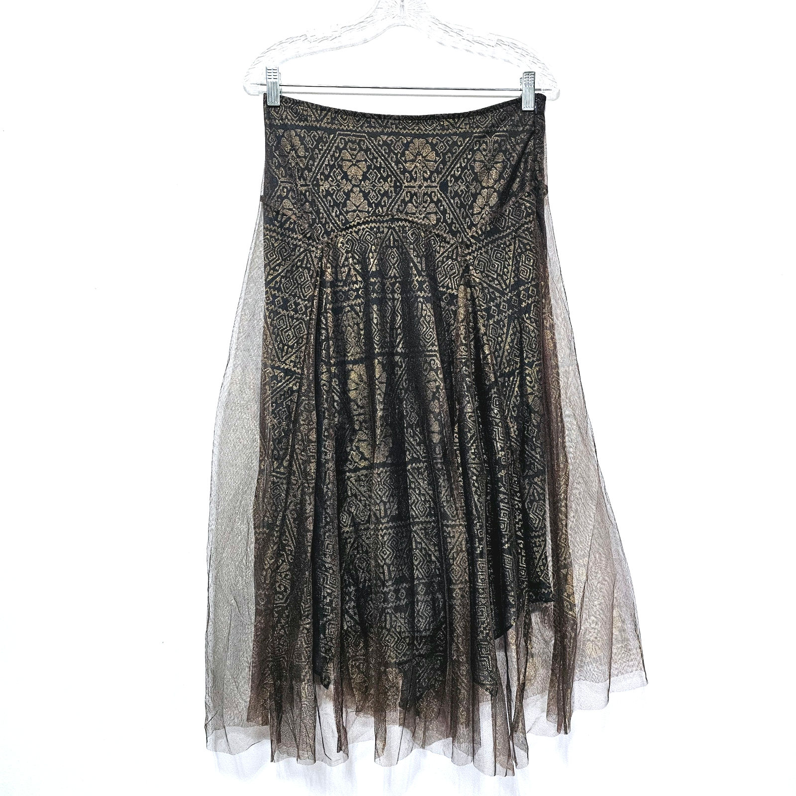 Peruvian Connection Sheer Gold Mesh Skirt Brown Lined Tribal Size 4 Whimsygoth