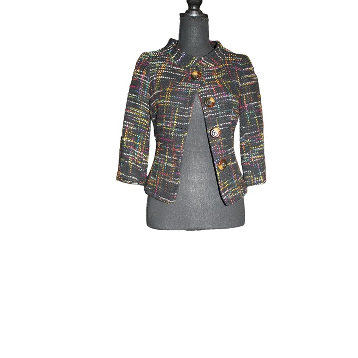 Trina Turk Blazer/ Crop cut (Size 2) Black with multi-colored threads.
