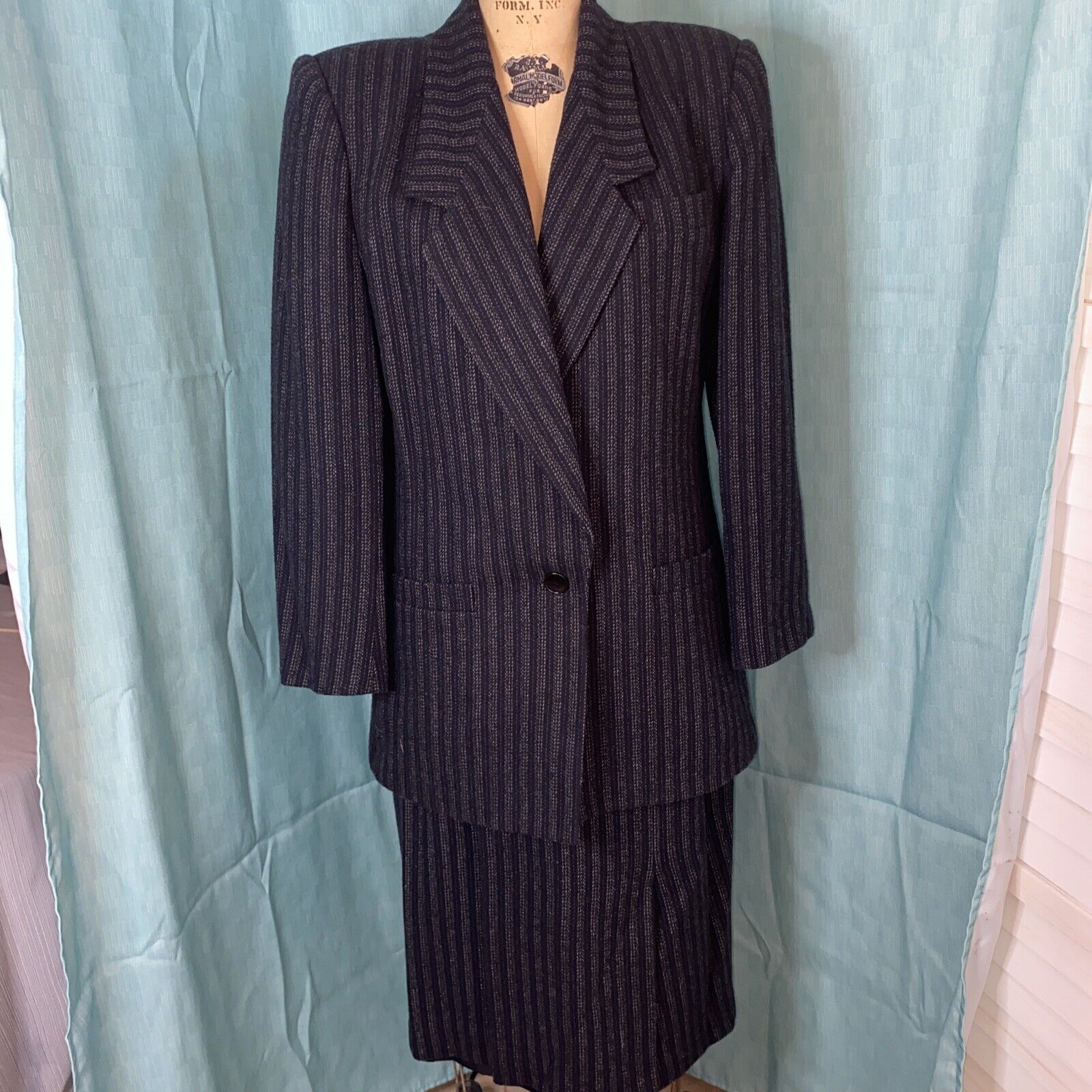 Sasson Navy Tweed Skirt Suit Vintage 80's Sz 10 Blazer Pencil Skirt