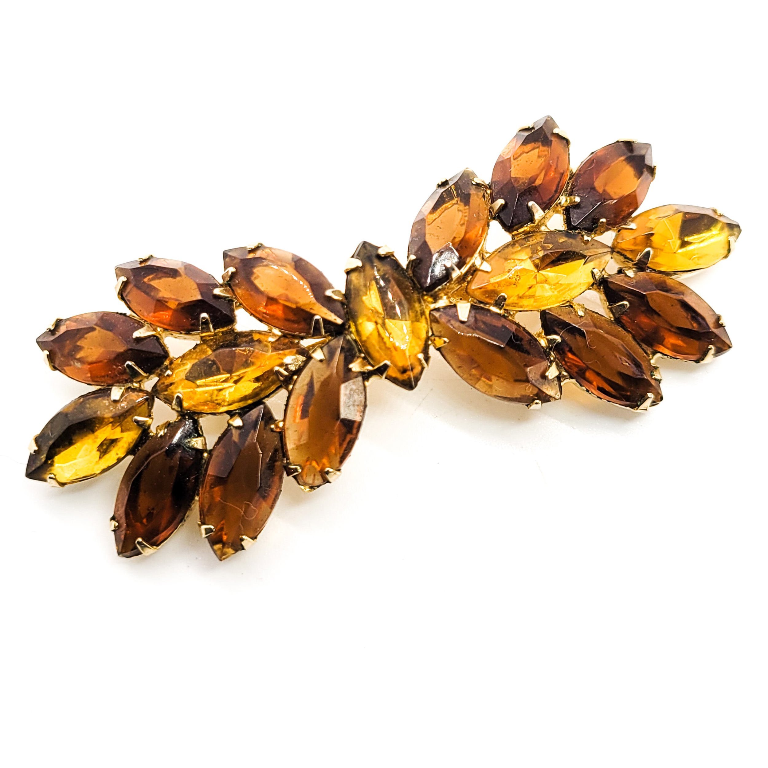 Topaz and brow large prong set Navette mid century vintage bow brooch autumn