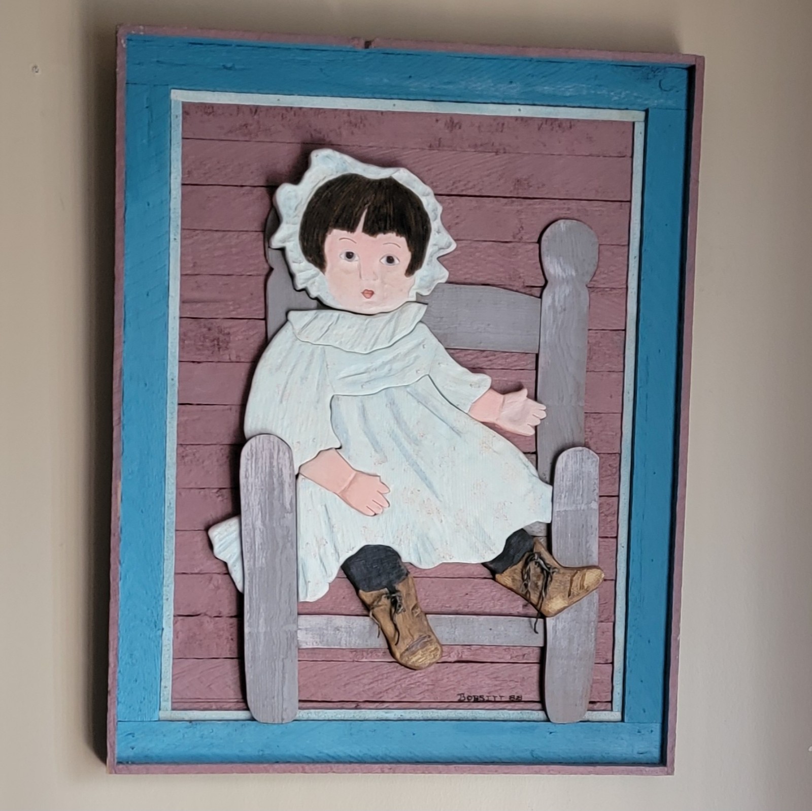 WOODEN HANDCARVED/ PAINTED WALL DECOR SIGNED BOBBITT 1988 20x25