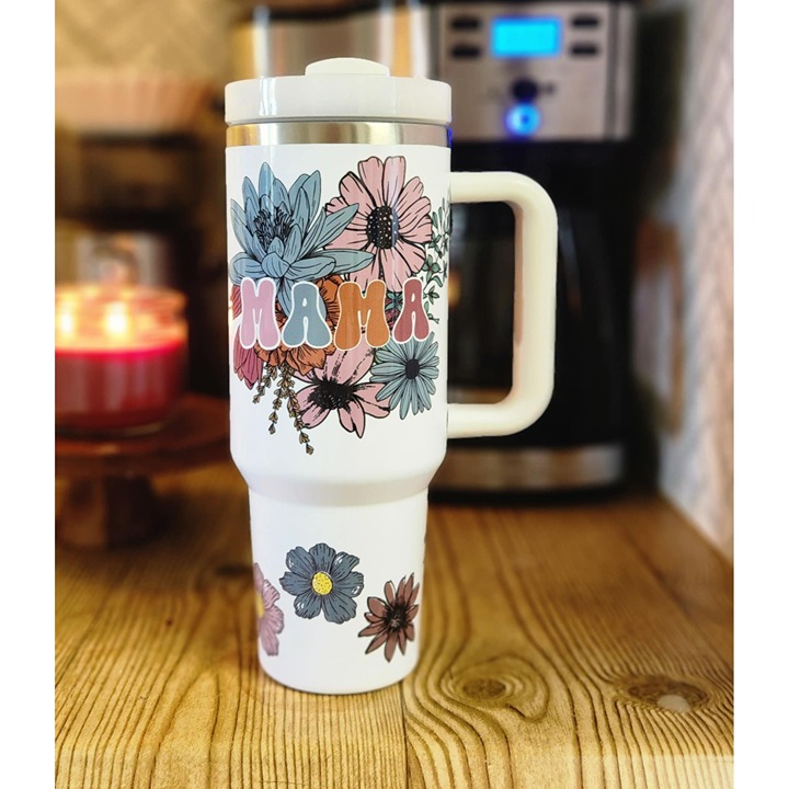 Mama 40oz Tumbler with handle and straw, 40oz white tumbler