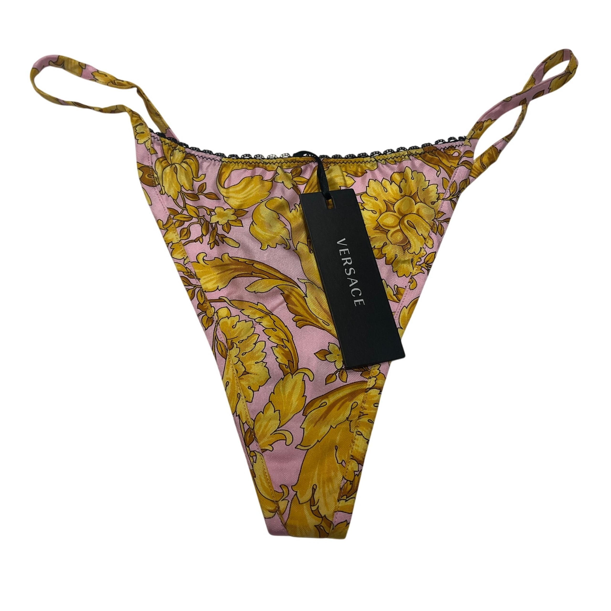9-8 VERSACE Women's Panties Thong Barocco 100% Silk Pink/Gold Size 4/ Large