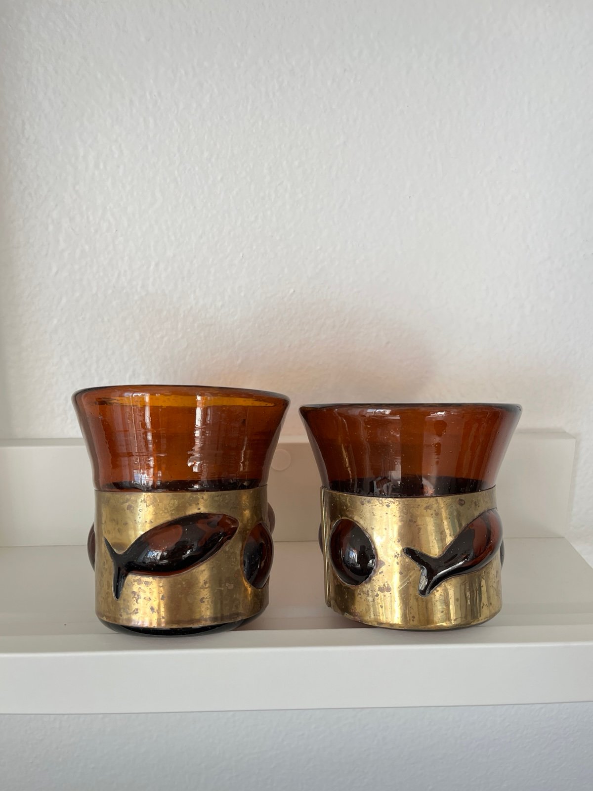 Felipe Derflinger Caged Amber Cocktail Glasses, Set 2 fish brutalist mcm vintage