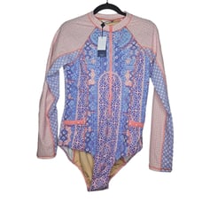NEW Cabana Life L Unisuit Surf Boat UPF 50+ Long Sleeve Boho Blue Print Swimsuit