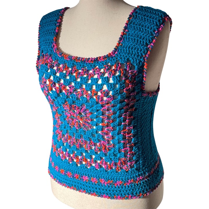Crochet Vest Tank Top Retro 70's Hippy Granny Square Rib Tickler Cropped 1X-3XL