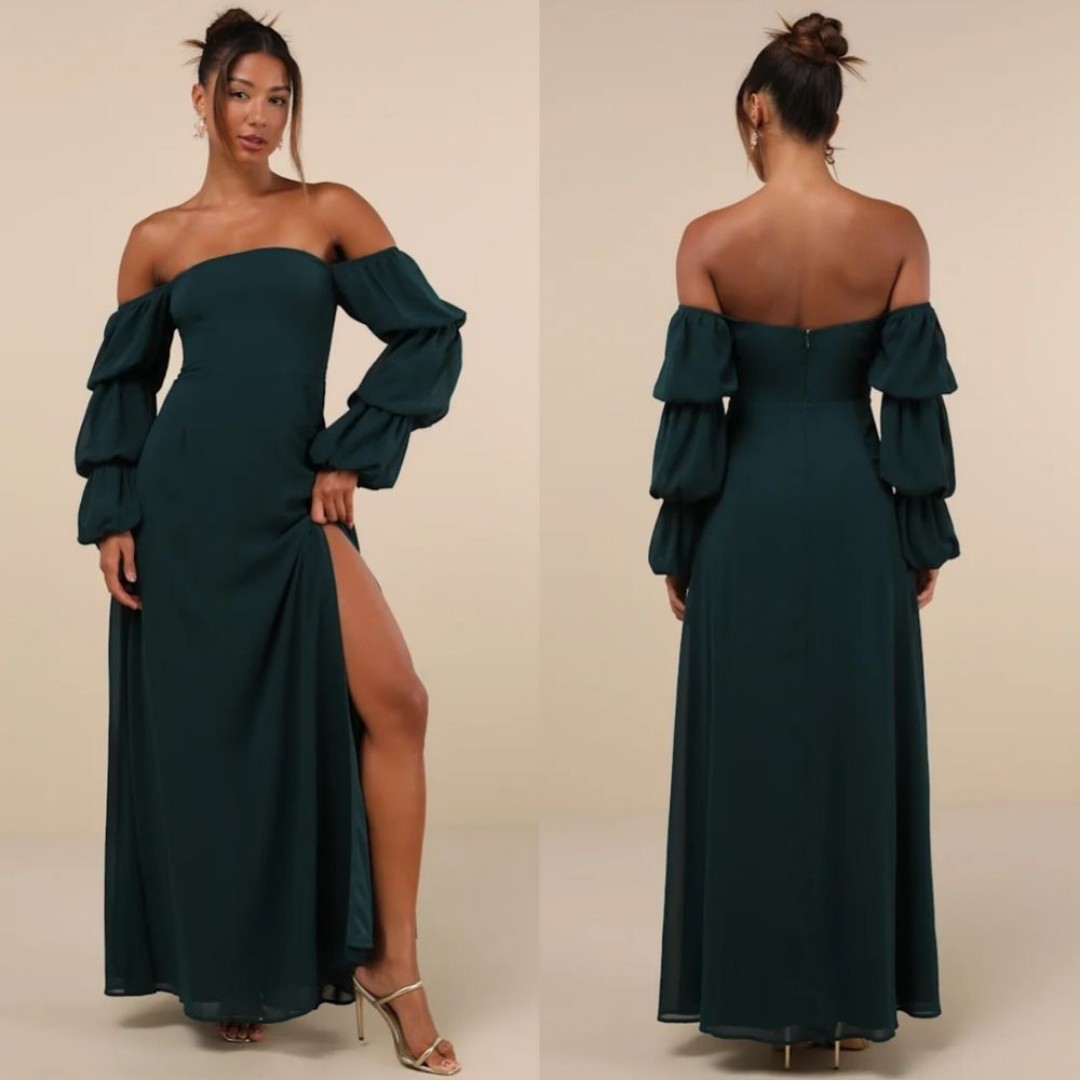 Lulus Demure Aura Emerald Tiered Balloon Sleeve Off-the-Shoulder Dress S Wedding
