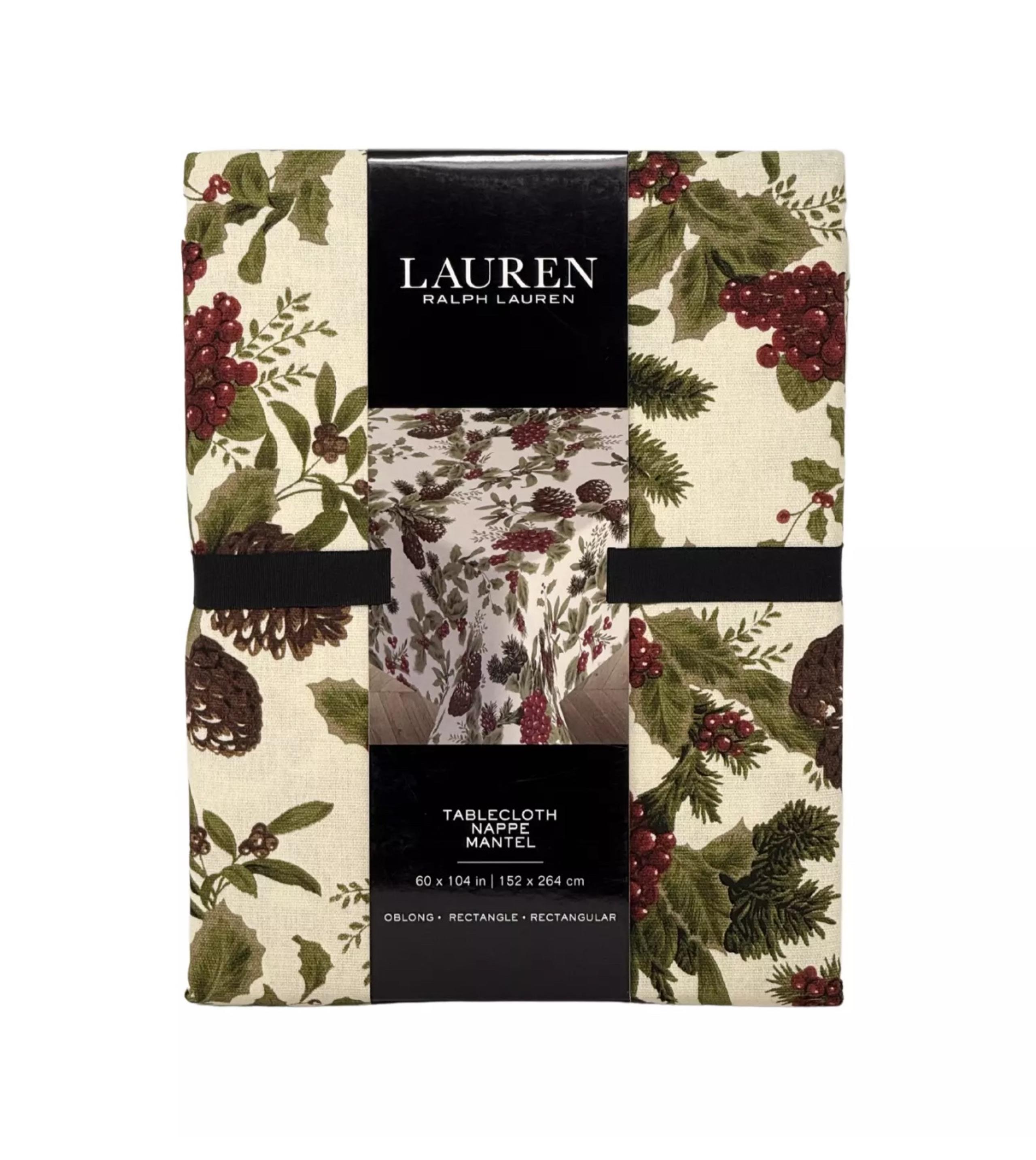 RALPH LAUREN 60" x 104" Christmas Holly Mistletoe Pine Cones Cotton Tablecloth