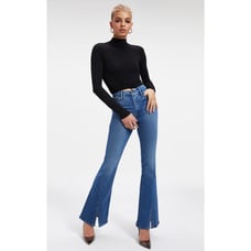 Good American Good Legs Flare Denim Jeans Twisted Front Slit Indigo029 8/29