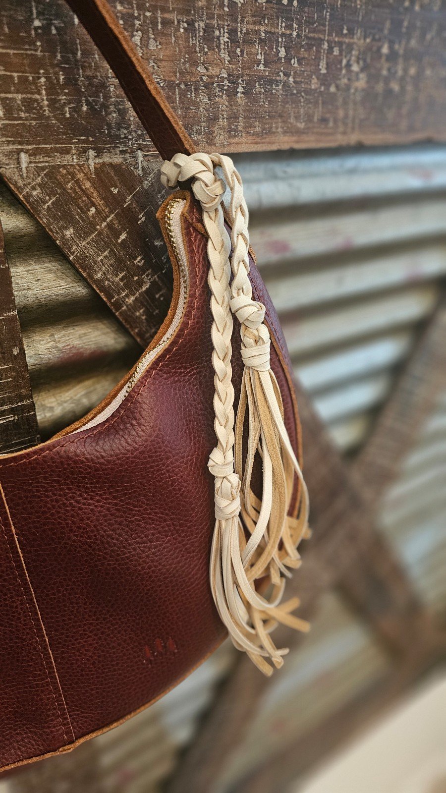 CREAM Braided Genuine Leather Bag Charm * Double Tassel *Wrap Around For Handbag