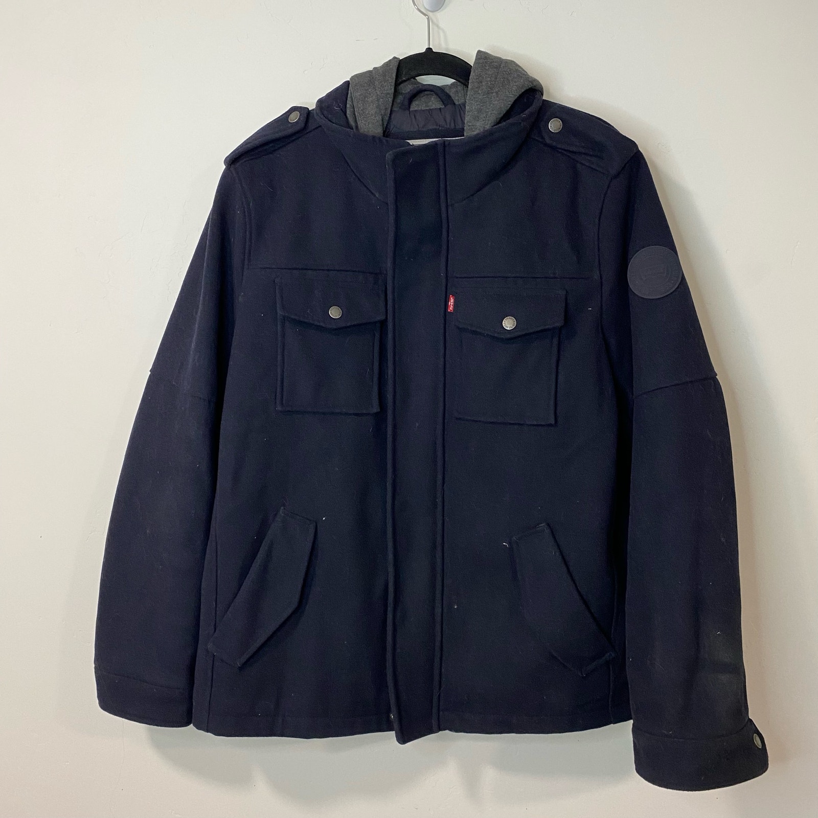 Levi’s Men’s Wool Blend Hooded Military Pea Coat Jacket Full Zip Large Navy
