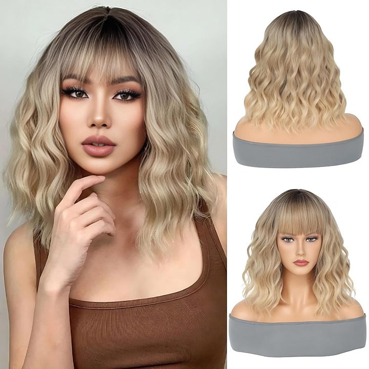 Ombre Blonde Wig with Bangs Short Bob Wavy Wig with Bangs for Women Loose Curly