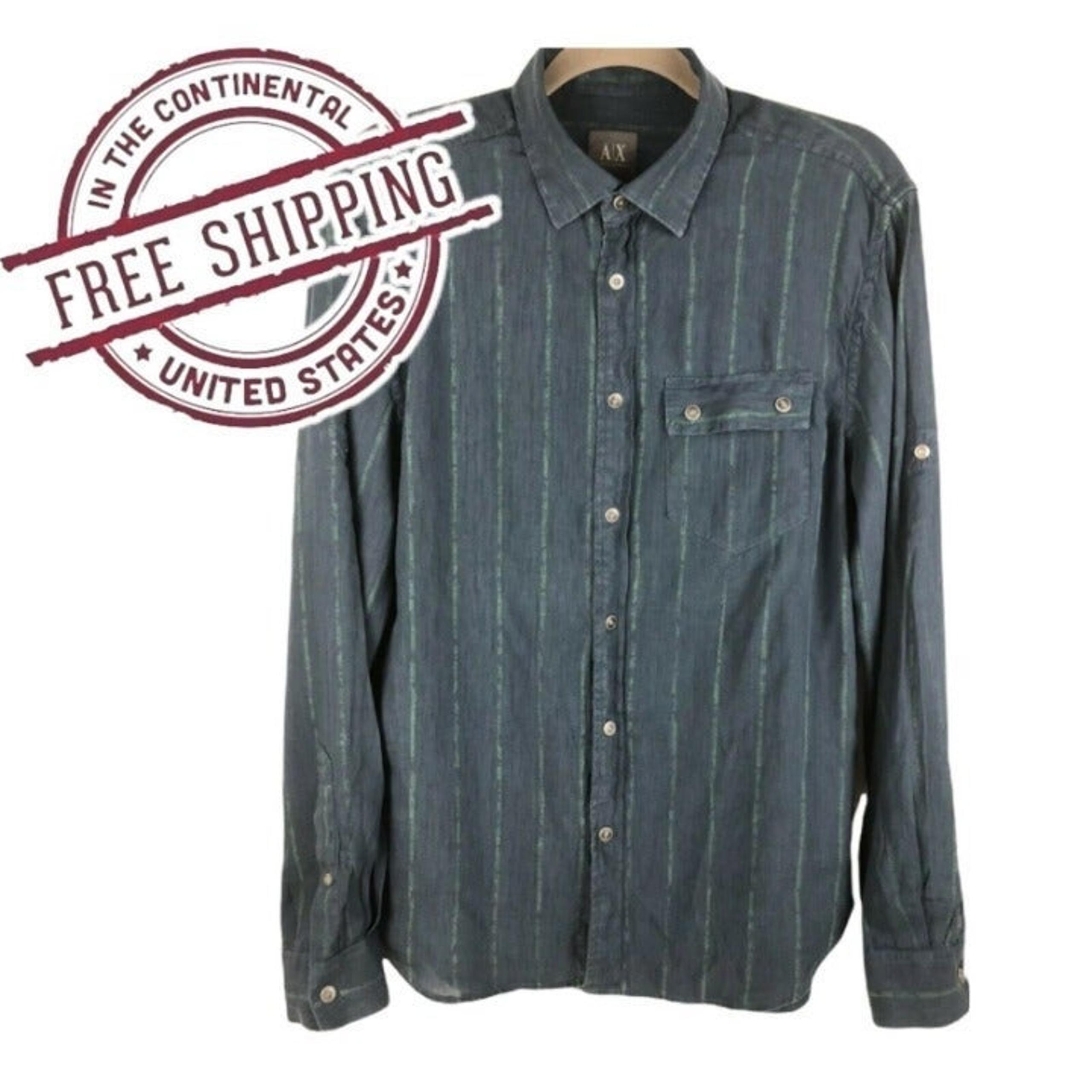 Armani Exchange Mens Long Strappy Sleeve DRESS SHIRT Striped Dark Green Size M