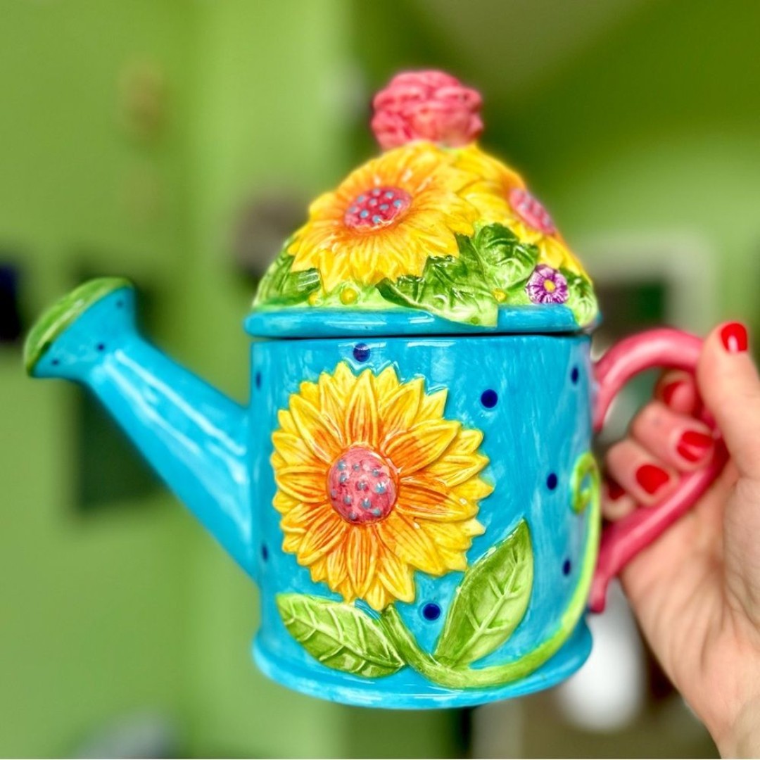 Vintage Farmhouse Floral Sunflower Watering Can Collectible Cottagecore Teapot