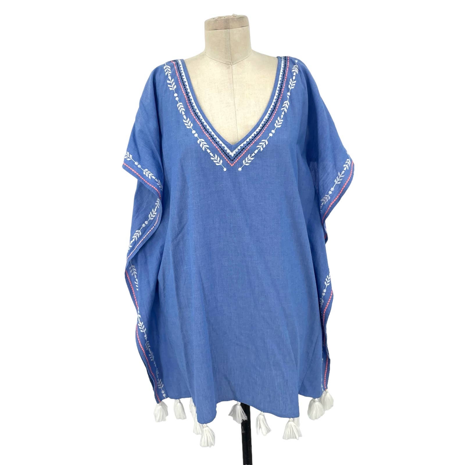 Shoshanna Swimwear Chambray Embroidered Tasseled Caftan Coverup One Size