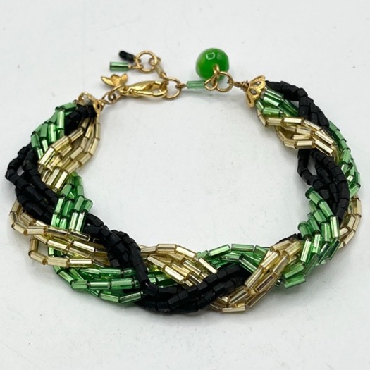 Vintage beaded green black and gold braided bracelet
