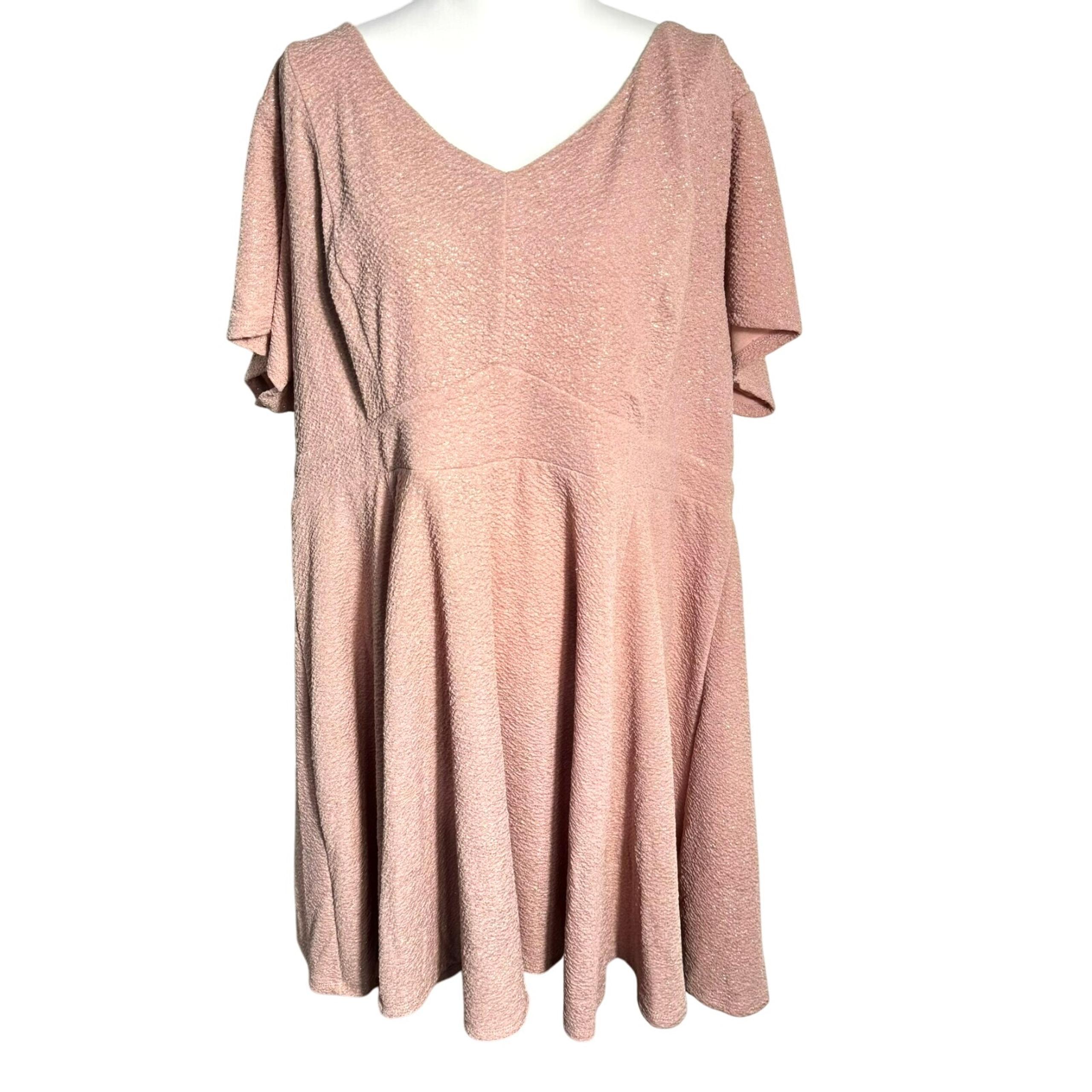 TORRID Women 4X Dusty Pink Short Sleeve Crinkle Sparkle Midi Dress Pleated Twirl