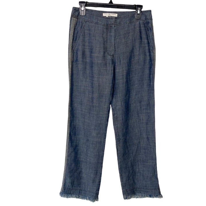 Trina Turk Womens Linen Filipe Pants Size 4 Blue Frayed Chambray Tencel Blend